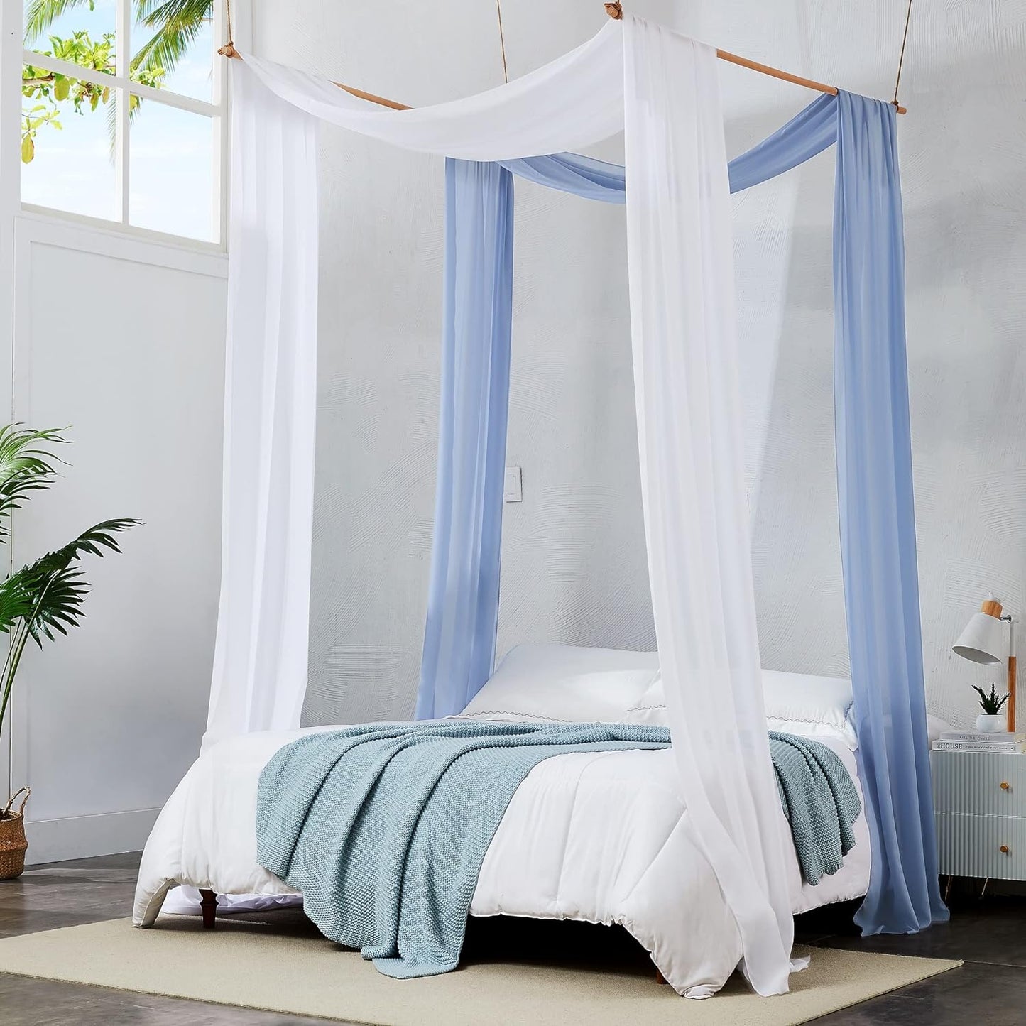 2 Chiffon - WHITE/DUSTY BLUE - Canopy Bed Curtains. Bed Canopy Curtains for King or California King Size Bed. Great as Canopy for Girls Room