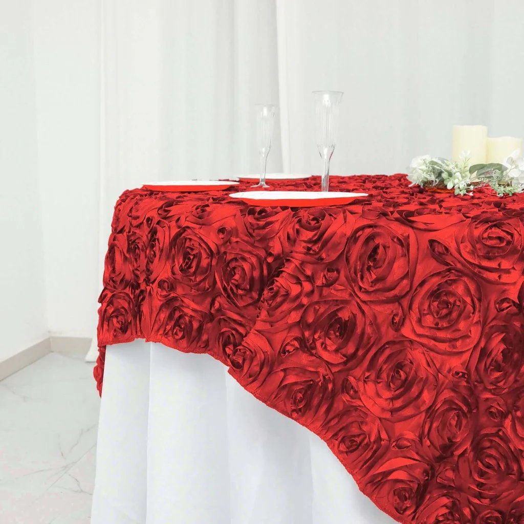 RED - 3D Rosette Square Tablecloth Overlay- Square Tablecloth Cover for Wedding Party Event Banquet. Choose Size Below