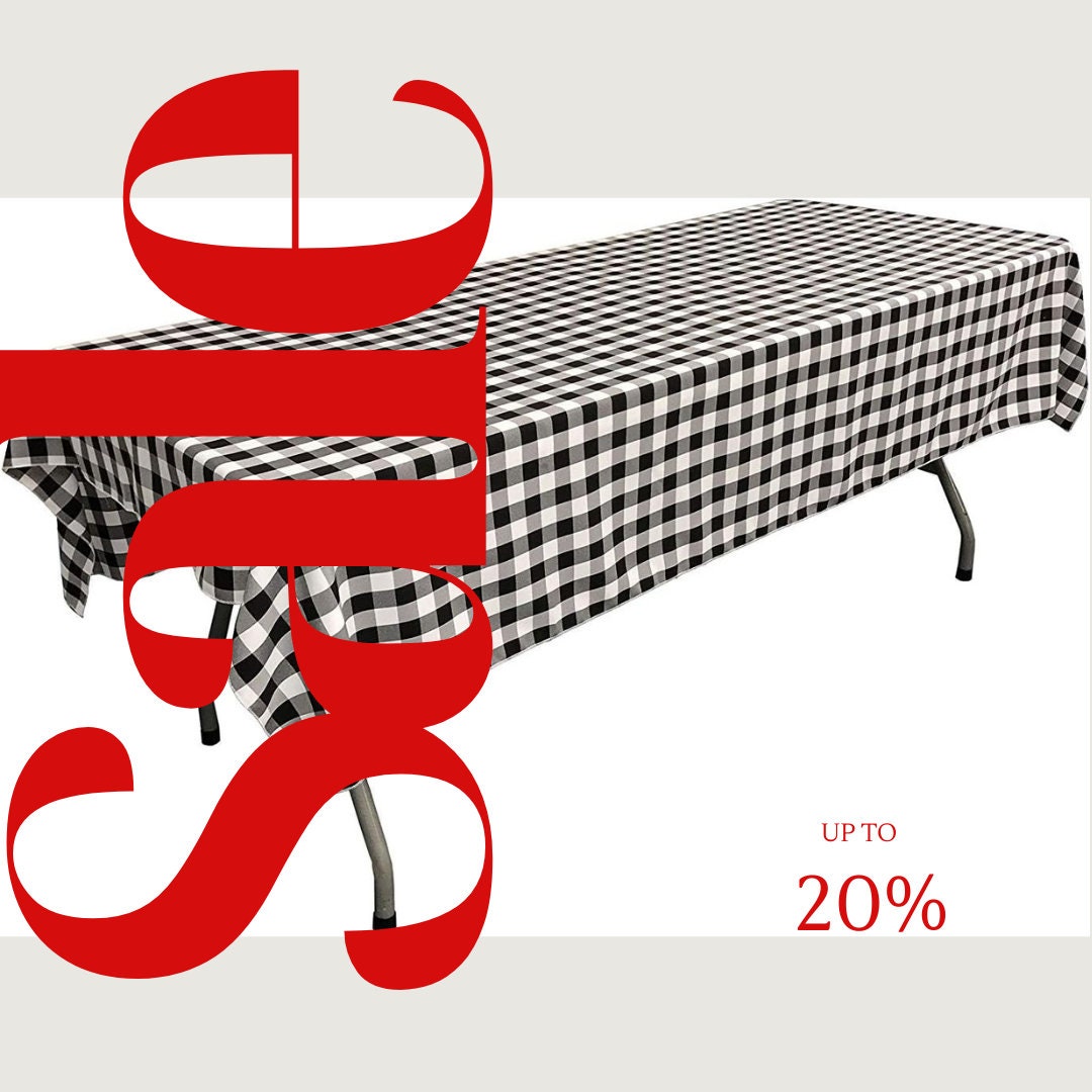 Polyester Poplin Gingham Checkered Rectangular Tablecloth (White & Black, Choose Size Below