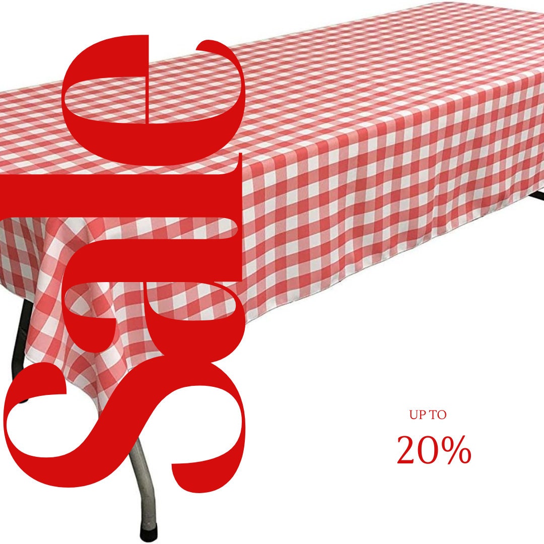 Polyester Poplin Gingham Checkered Rectangular Tablecloth (White & Coral, Choose Size Below