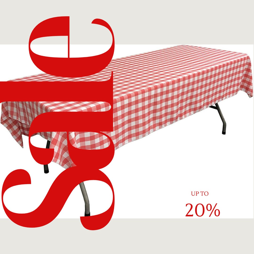 Polyester Poplin Gingham Checkered Rectangular Tablecloth (White & Coral, Choose Size Below