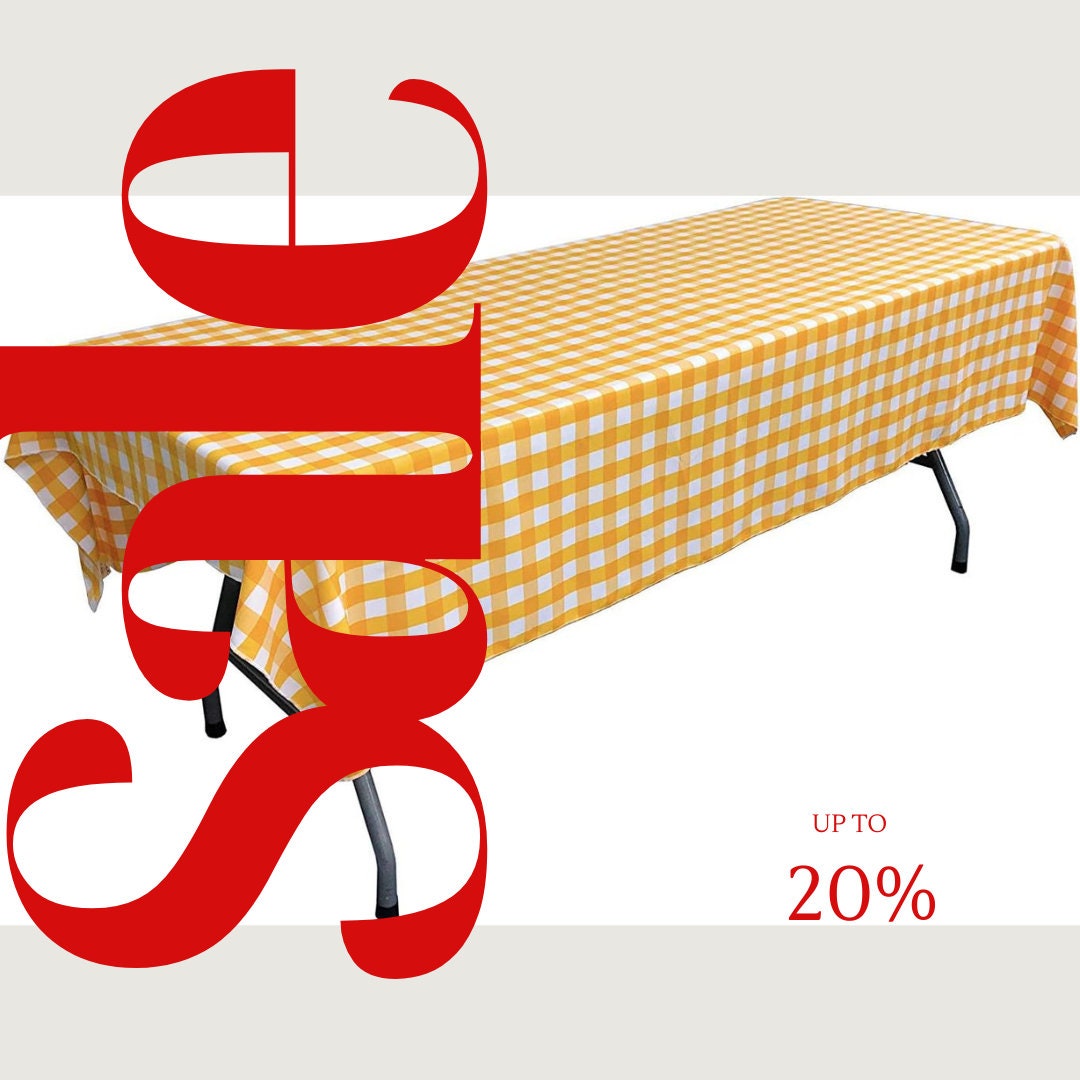 Polyester Poplin Gingham Checkered Rectangular Tablecloth (White & Dk Yellow, Choose Size Below