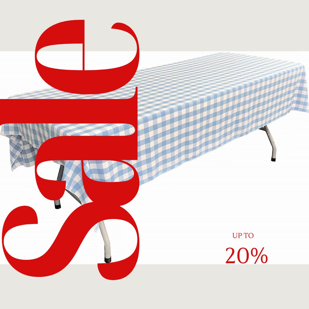 Polyester Poplin Gingham Checkered Rectangular Tablecloth (White & Lt Blue, Choose Size Below