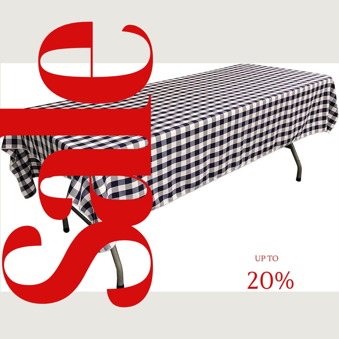 Polyester Poplin Gingham Checkered Rectangular Tablecloth (White & Navy, Choose Size Below