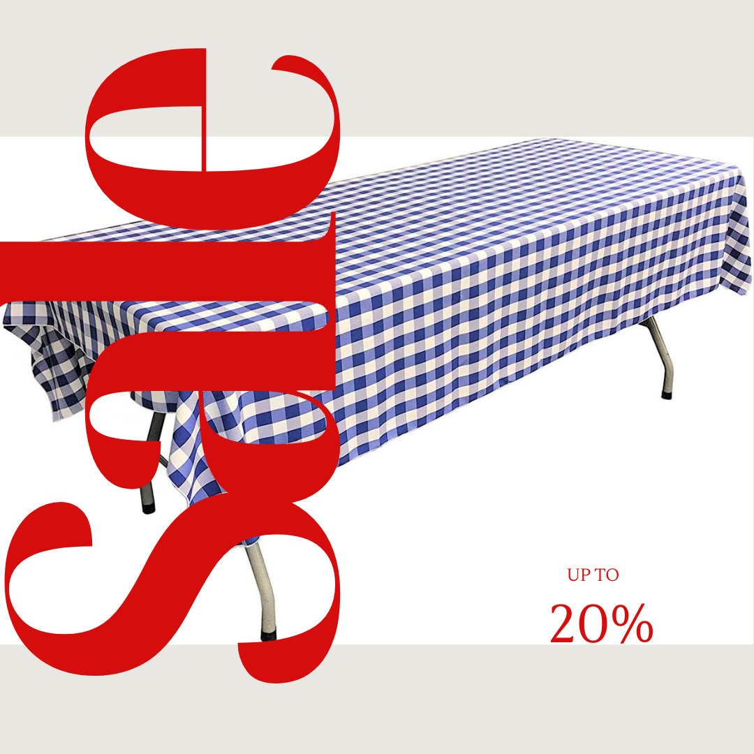 Polyester Poplin Gingham Checkered Rectangular Tablecloth (White & Royal, Choose Size Below