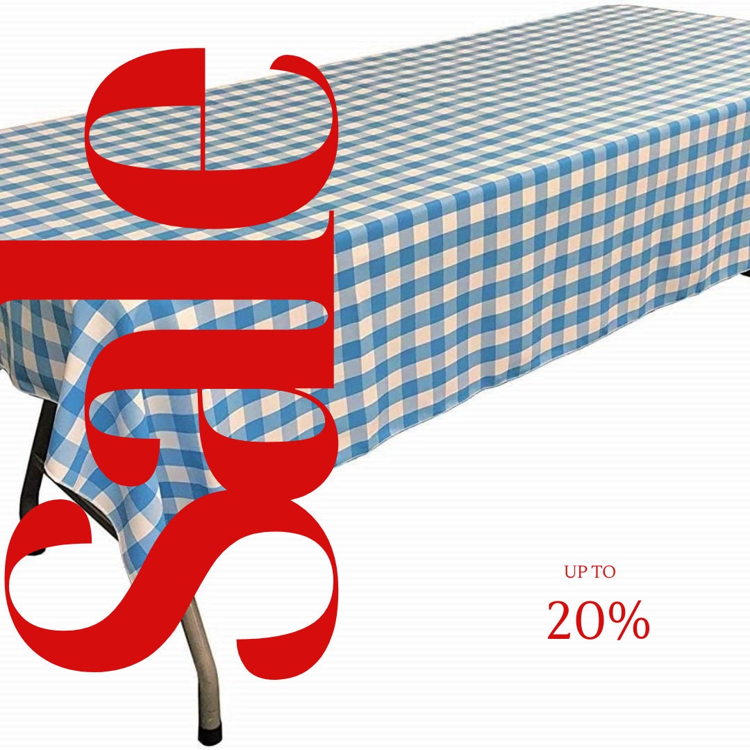 Polyester Poplin Gingham Checkered Rectangular Tablecloth (White & Turquoise, Choose Size Below