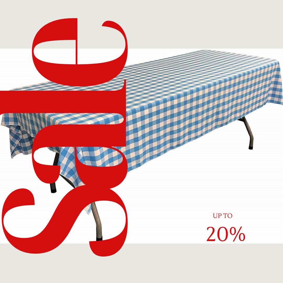 Polyester Poplin Gingham Checkered Rectangular Tablecloth (White & Turquoise, Choose Size Below