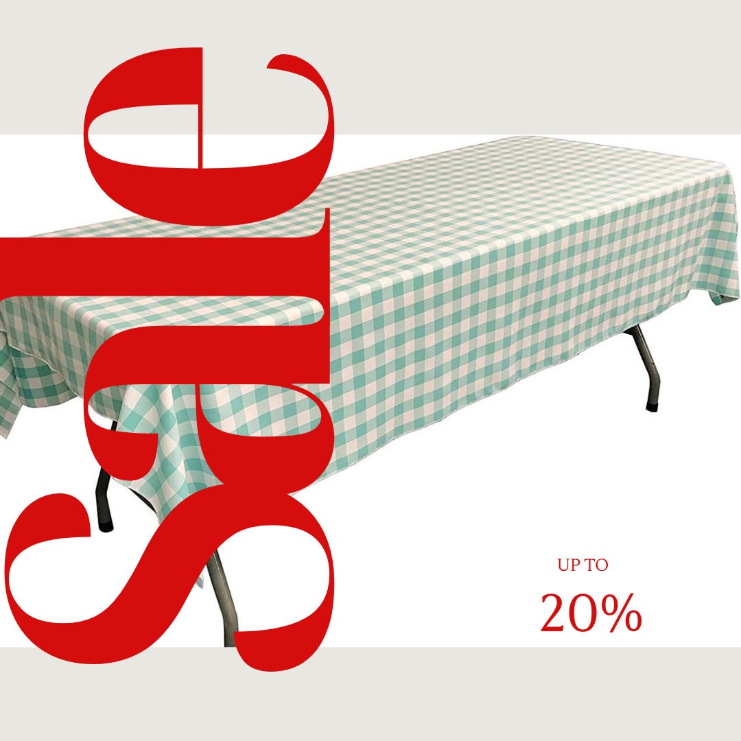 Polyester Poplin Gingham Checkered Rectangular Tablecloth (White & Aqua, Choose Size Below