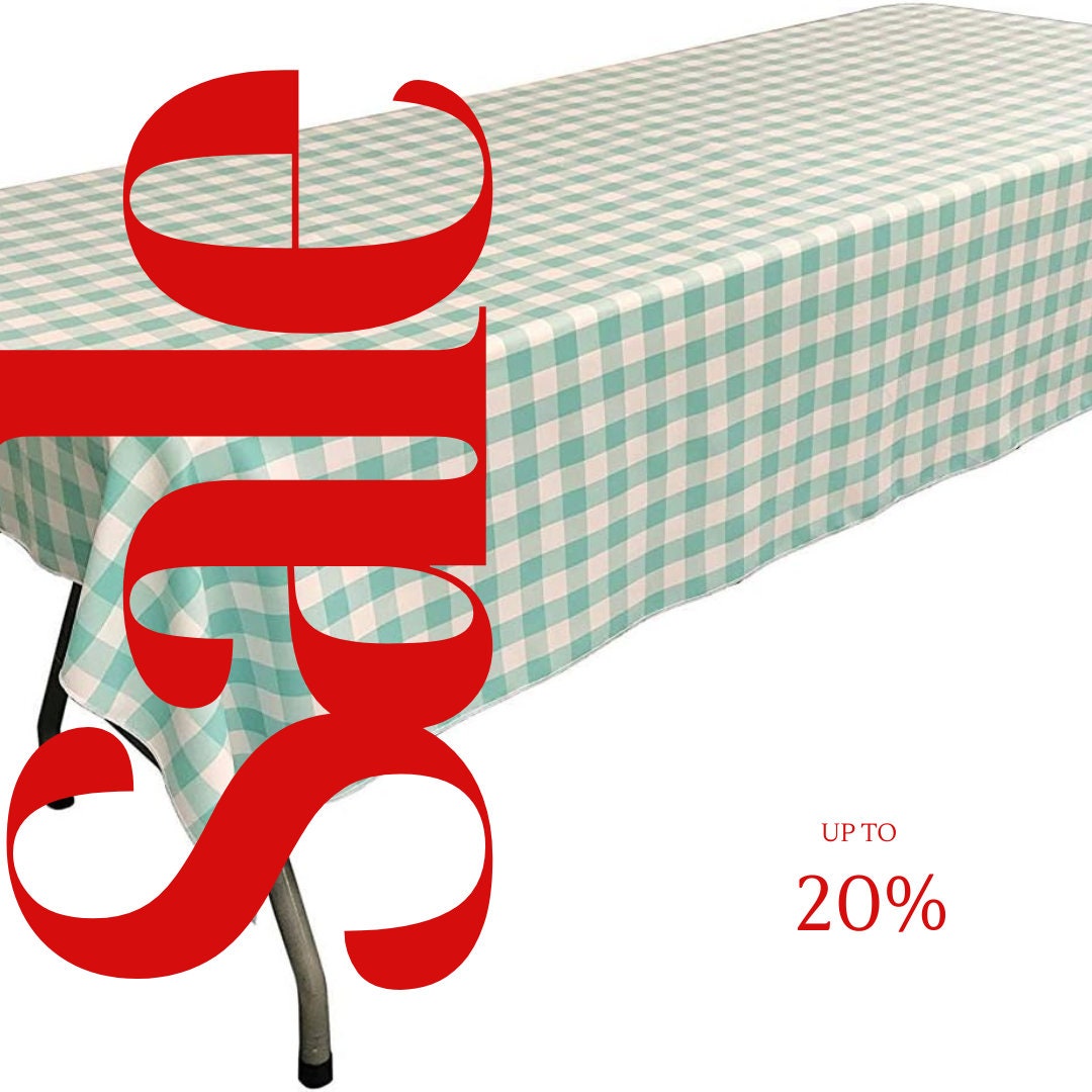 Polyester Poplin Gingham Checkered Rectangular Tablecloth (White & Aqua, Choose Size Below