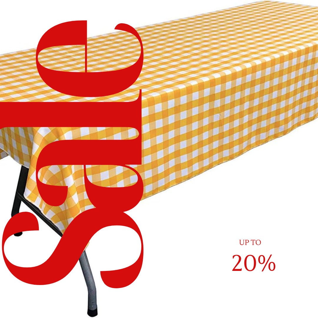 Polyester Poplin Gingham Checkered Rectangular Tablecloth (White & Dk Yellow, Choose Size Below