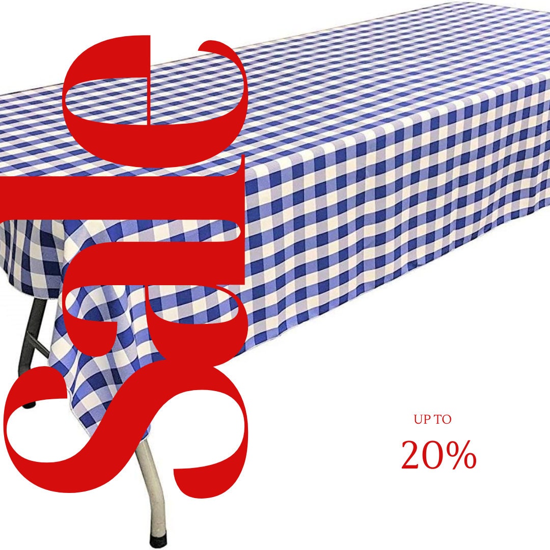 Polyester Poplin Gingham Checkered Rectangular Tablecloth (White & Royal, Choose Size Below