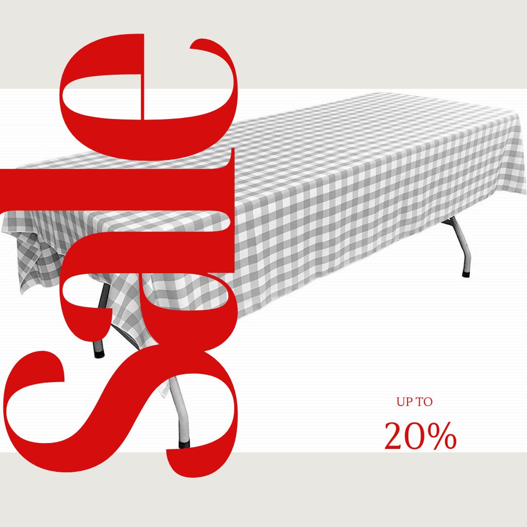 Polyester Poplin Gingham Checkered Rectangular Tablecloth (White & Silver, Choose Size Below