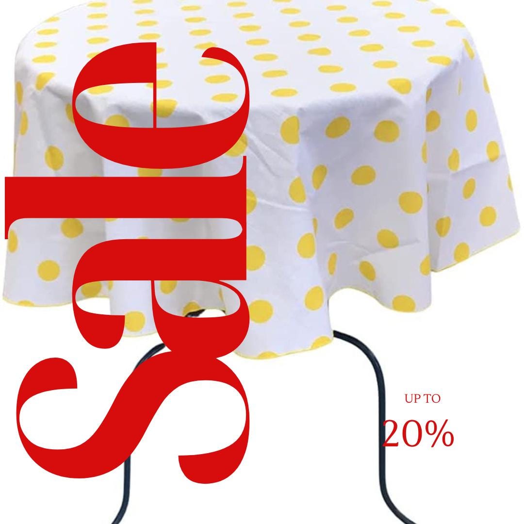 White/Yellow - Polka Dot - Round Print Poly Cotton Tablecloth, Table Cover Fabric Table Cloth for Dinning, Kitchen, Party, Holiday