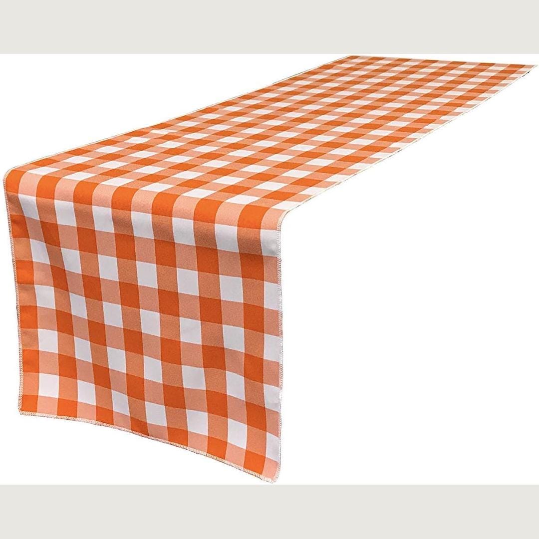 14" Wide Polyester Poplin Gingham, Checkered, Plaid Table Runner (White & Orange , 14" Wide x 90" Long) for Party Sweetest Day Wedding