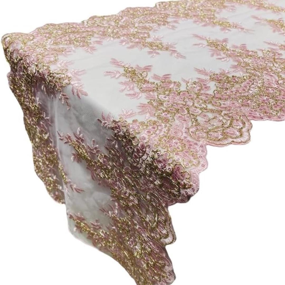 LT PINK - 14" Wide X 90" Long Sequins Metallic Embroidered Lace on Mesh Fabric, Trim Lace, Table Runner