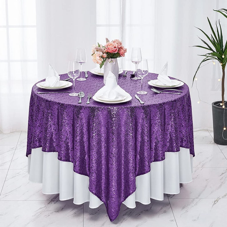 Square Sequin Tablecloth - PURPLE - Glitter Tablecloth for Bridal Shower Decorations, Birthday, Wedding, Dessert, Banquet