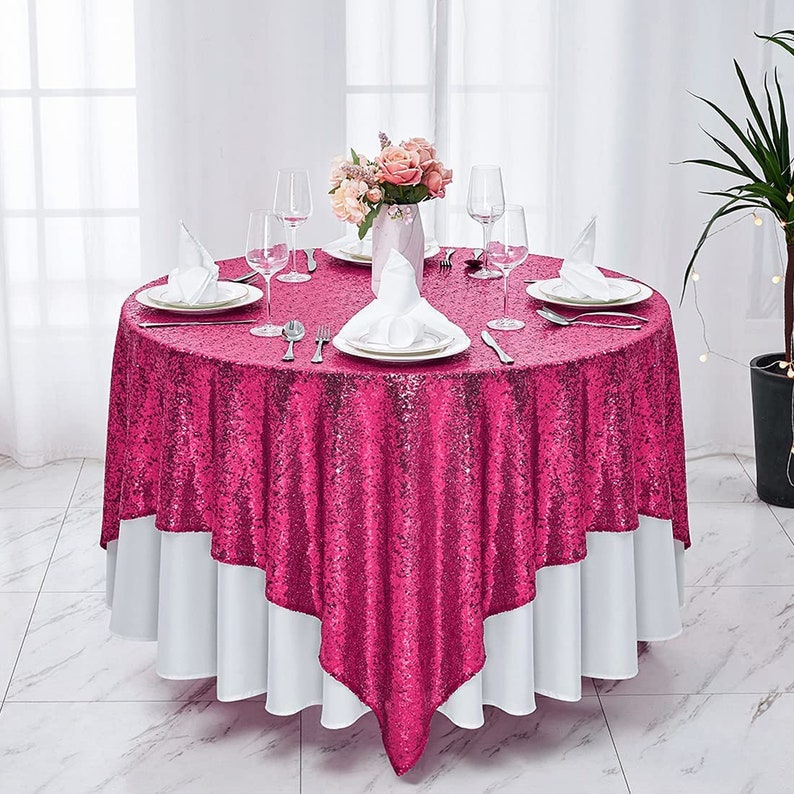 Square Sequin Tablecloth - FUCHSIA - Glitter Tablecloth for Bridal Shower Decorations, Birthday, Wedding, Dessert, Banquet