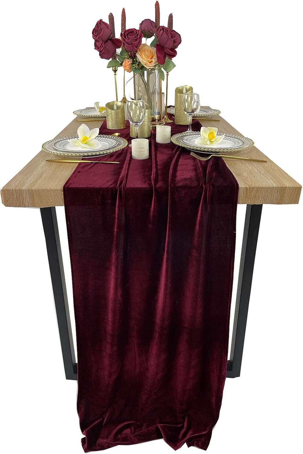 20" x 120"  BURGUNDY  - Luxurious Stretch Velvet Table Runner, 10ft Wedding Reception Decorations Soft Velvet Fabric, Table Linen & Wedding Runners