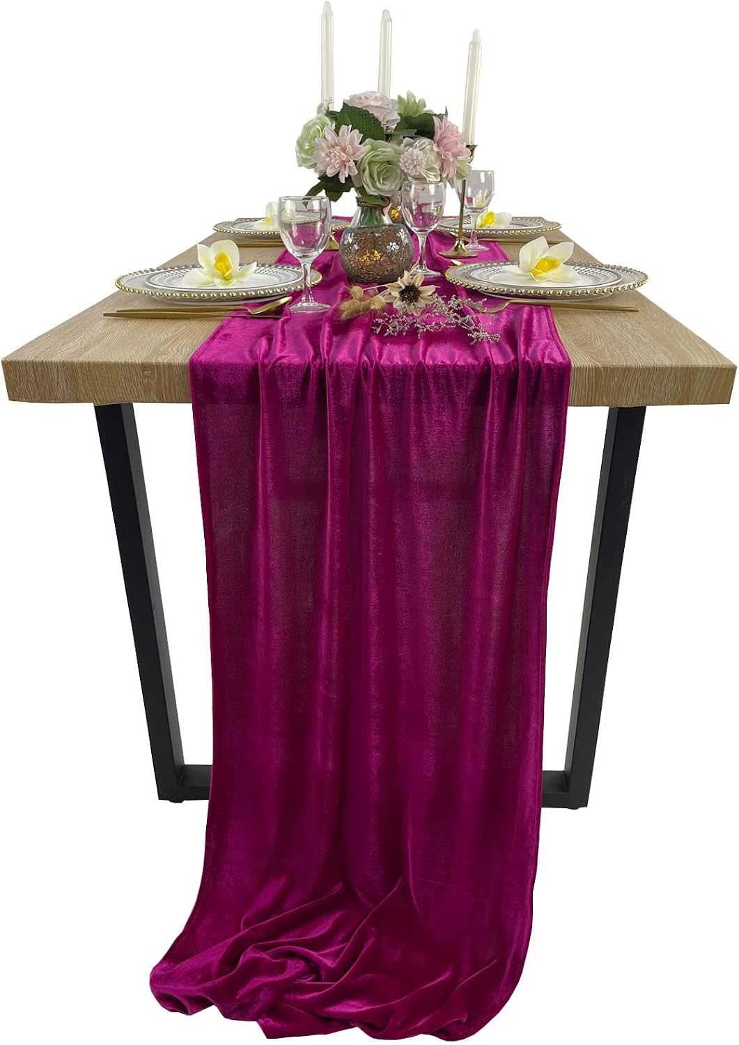 20" x 120"  FUCHSIA - Luxurious Stretch Velvet Table Runner, 10ft Wedding Reception Decorations Soft Velvet Fabric, Table Linen & Wedding Runners