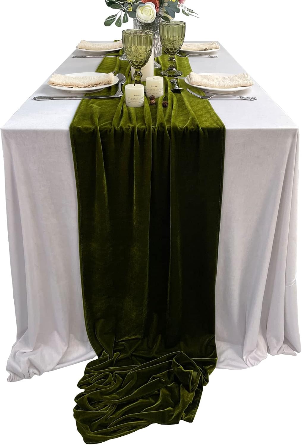 20" x 120"  OLIVE - Luxurious Stretch Velvet Table Runner, 10ft Wedding Reception Decorations Soft Velvet Fabric, Table Linen & Wedding Runners