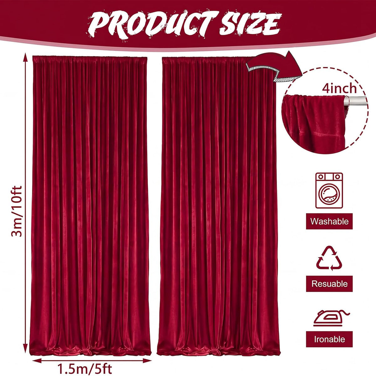 10Ft x 10Ft - Red - Luxury Velvet Wrinkle Free Backdrop Curtains for Parties - 2 Panels 5x10ft for Weddings Birthday Party Curtains