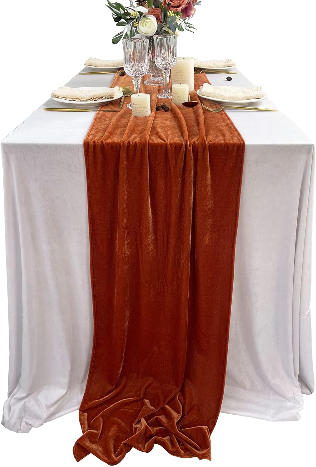 20" x 120"  TERRACOTA  - Luxurious Stretch Velvet Table Runner, 10ft Wedding Reception Decorations Soft Velvet Fabric, Table Linen & Wedding Runners