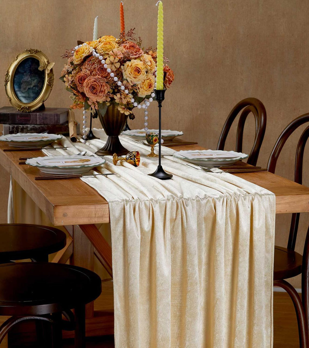 20" x 120"  CREAM - Luxurious Stretch Velvet Table Runner, 10ft Wedding Reception Decorations Soft Velvet Fabric, Table Linen & Wedding Runners