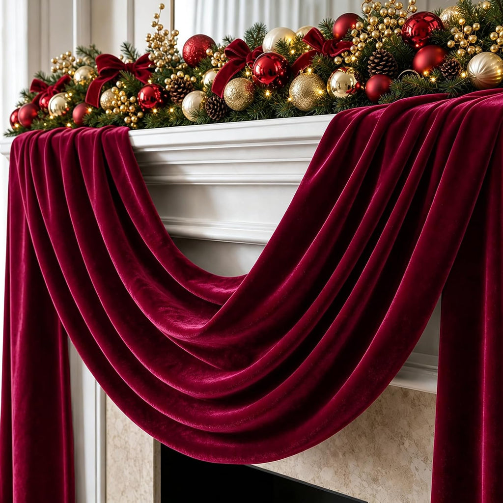 BURGUNDY - 2 Panels 28" x 10 Ft Luxury Velvet Christmas Decor Fireplace Mantel Drape Fabric for Ceremony Velvet Drapery Holiday Arch