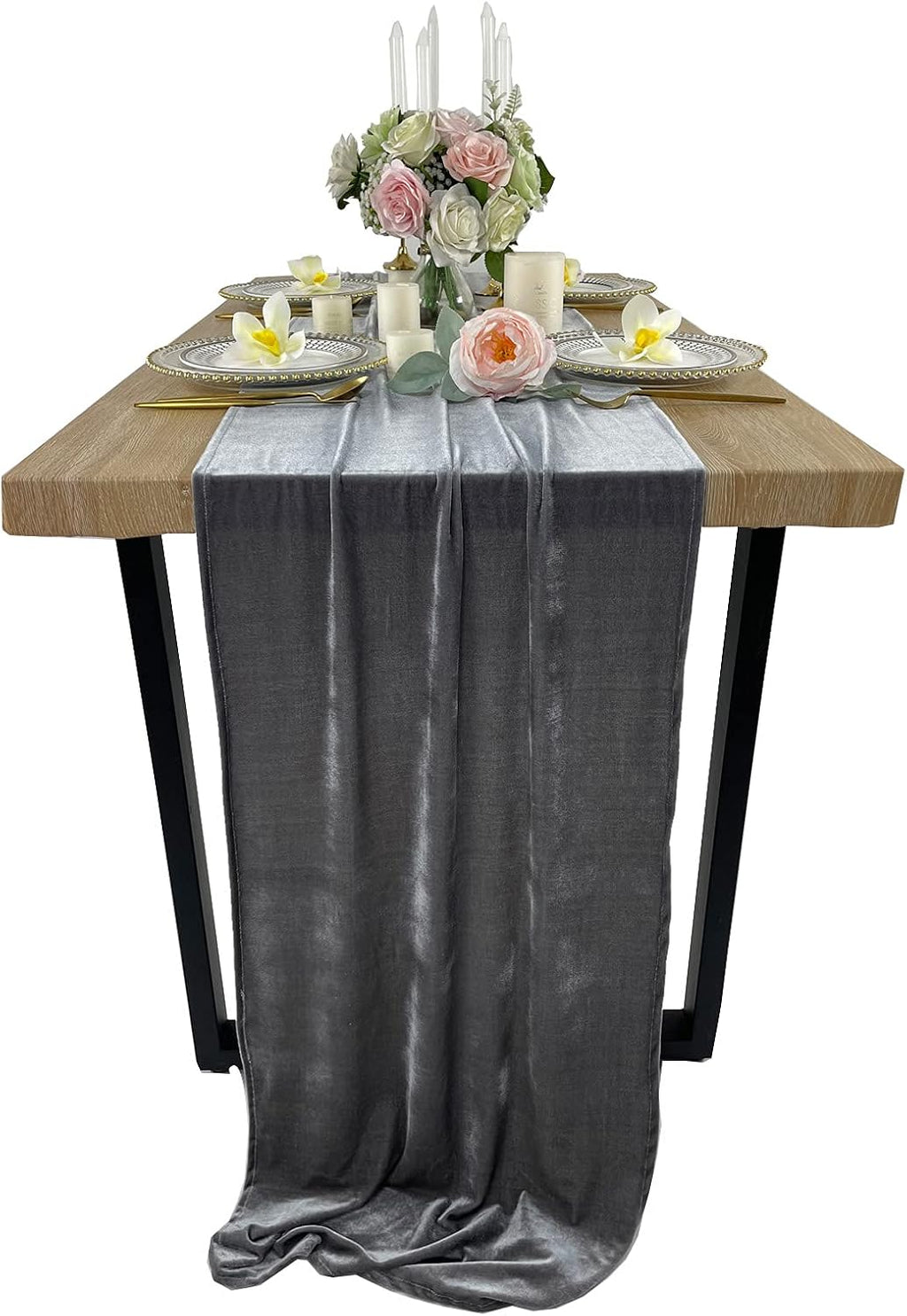 20" x 120"  GRAY - Luxurious Stretch Velvet Table Runner, 10ft Wedding Reception Decorations Soft Velvet Fabric, Table Linen & Wedding Runners