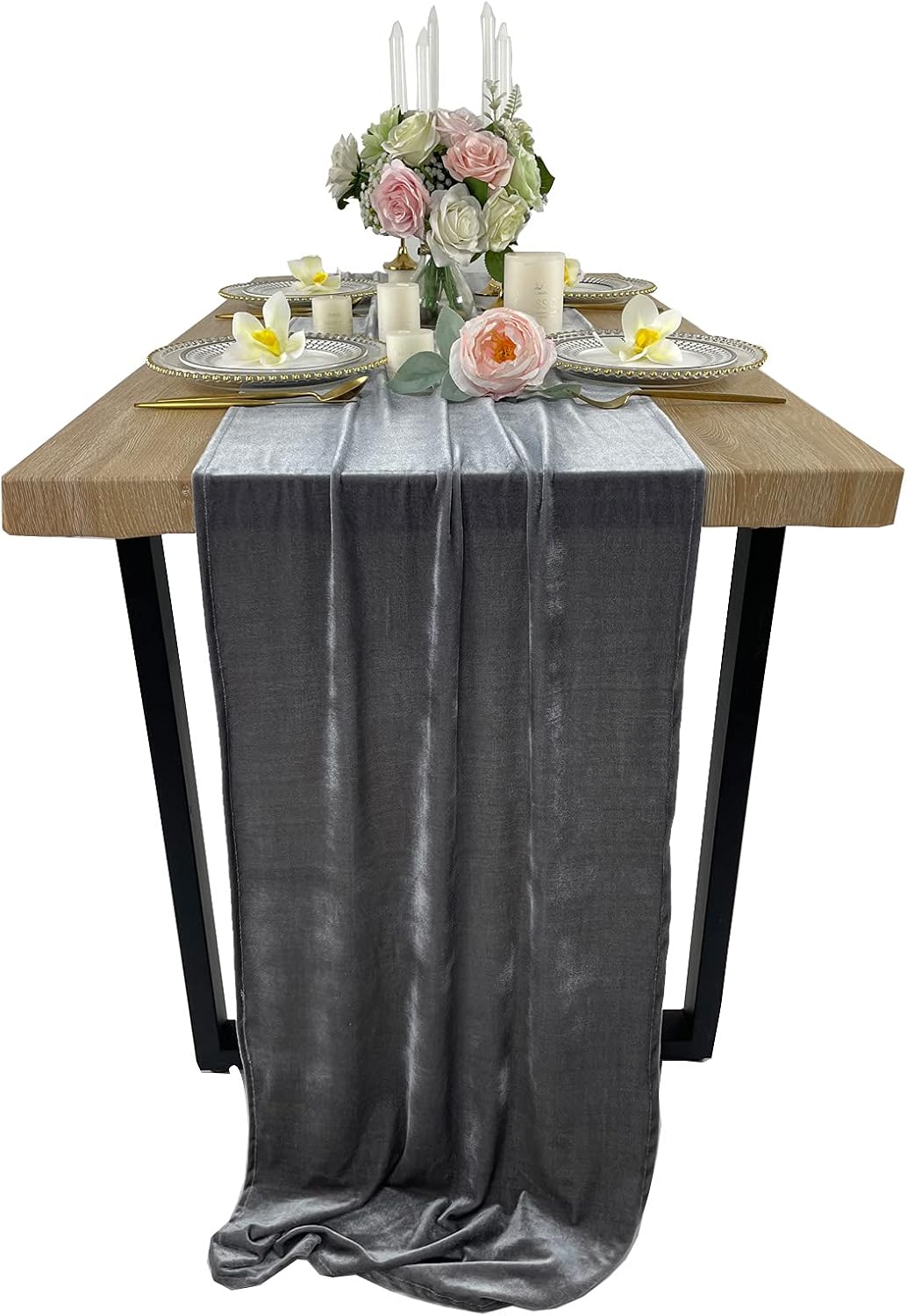 20" x 120"  GRAY - Luxurious Stretch Velvet Table Runner, 10ft Wedding Reception Decorations Soft Velvet Fabric, Table Linen & Wedding Runners