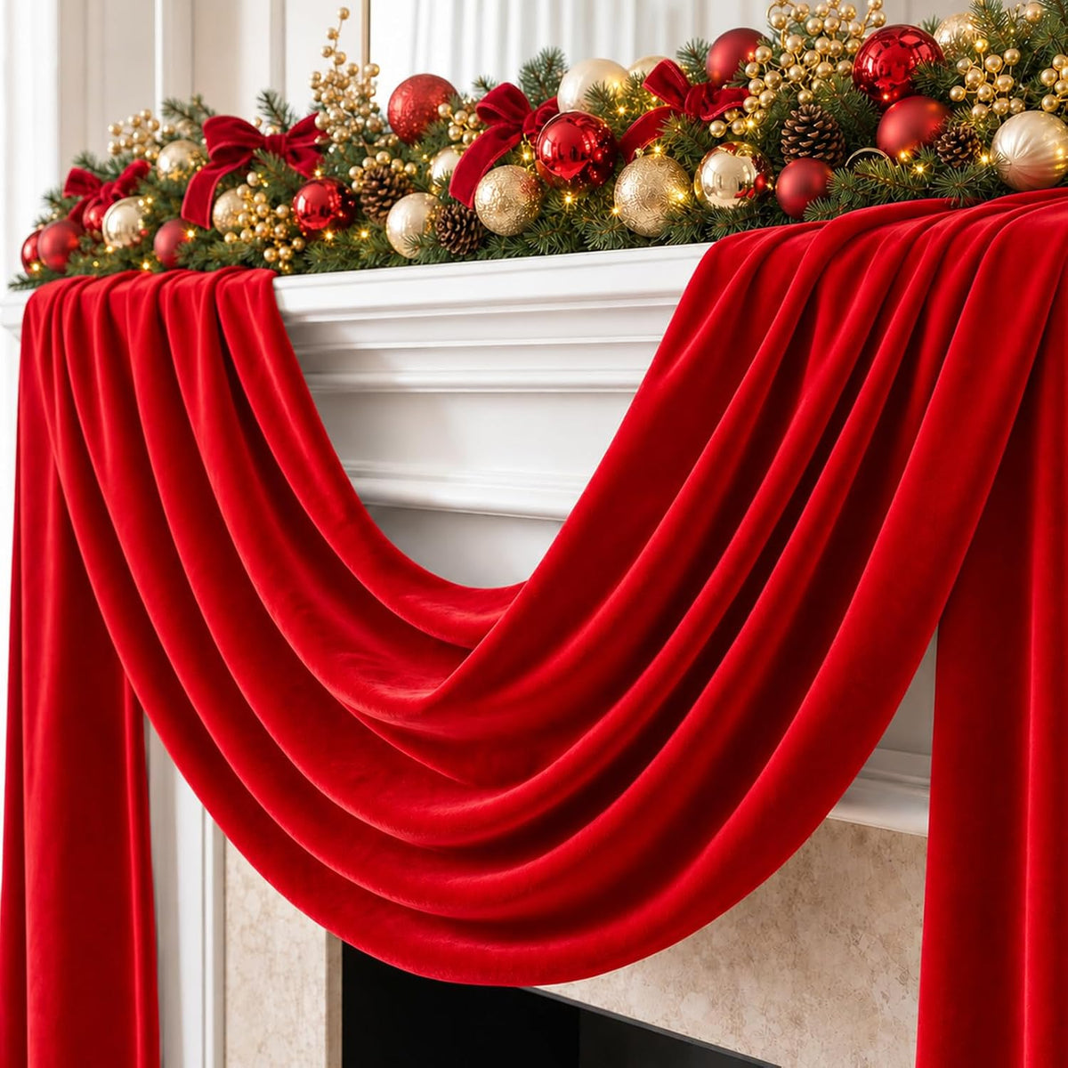 RED - 2 Panels 28" x 10 Ft Luxury Velvet Christmas Decor Fireplace Mantel Drape Fabric for Ceremony Velvet Drapery Holiday Arch