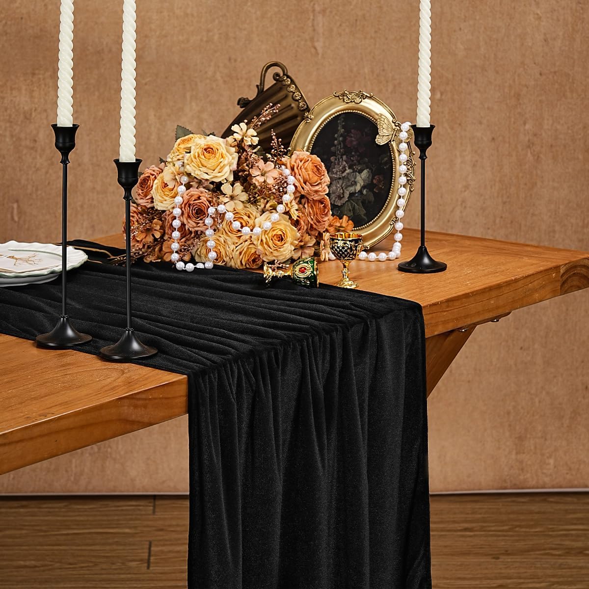20" x 120"  BLACK  - Luxurious Stretch Velvet Table Runner, 10ft Wedding Reception Decorations Soft Velvet Fabric, Table Linen & Wedding Runners