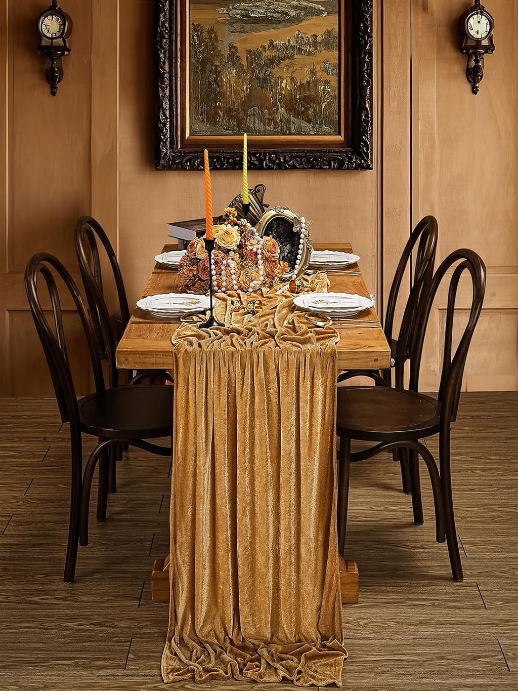 20" x 120"  GOLD  - Luxurious Stretch Velvet Table Runner, 10ft Wedding Reception Decorations Soft Velvet Fabric, Table Linen & Wedding Runners