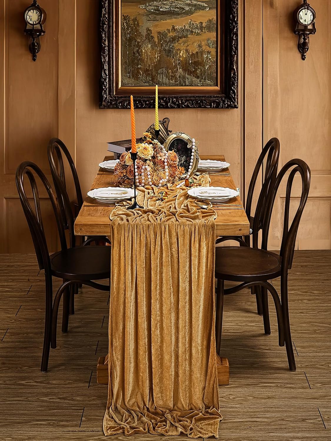 20" x 120"  GOLD  - Luxurious Stretch Velvet Table Runner, 10ft Wedding Reception Decorations Soft Velvet Fabric, Table Linen & Wedding Runners