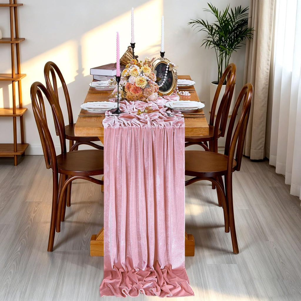 20" x 120"  LT PINK - Luxurious Stretch Velvet Table Runner, 10ft Wedding Reception Decorations Soft Velvet Fabric, Table Linen & Wedding Runners