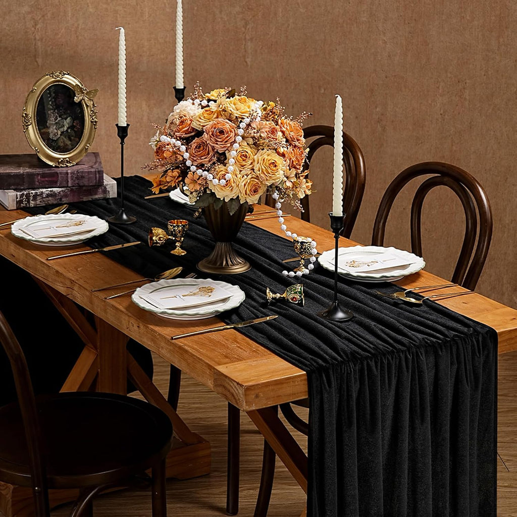 20" x 120"  BLACK  - Luxurious Stretch Velvet Table Runner, 10ft Wedding Reception Decorations Soft Velvet Fabric, Table Linen & Wedding Runners