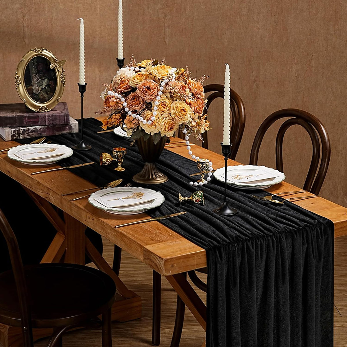 20" x 120"  BLACK  - Luxurious Stretch Velvet Table Runner, 10ft Wedding Reception Decorations Soft Velvet Fabric, Table Linen & Wedding Runners