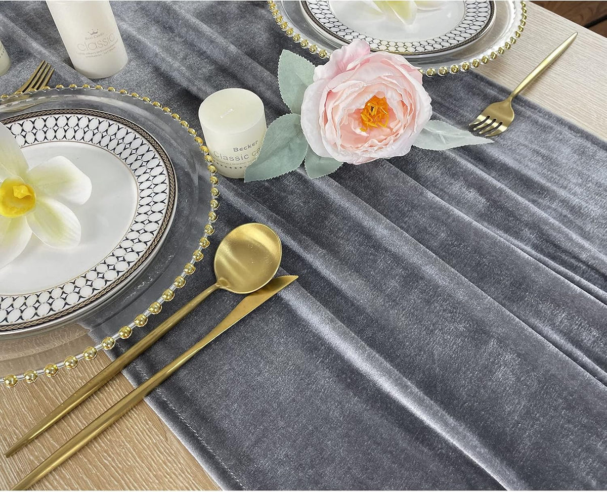 20" x 120"  GRAY - Luxurious Stretch Velvet Table Runner, 10ft Wedding Reception Decorations Soft Velvet Fabric, Table Linen & Wedding Runners