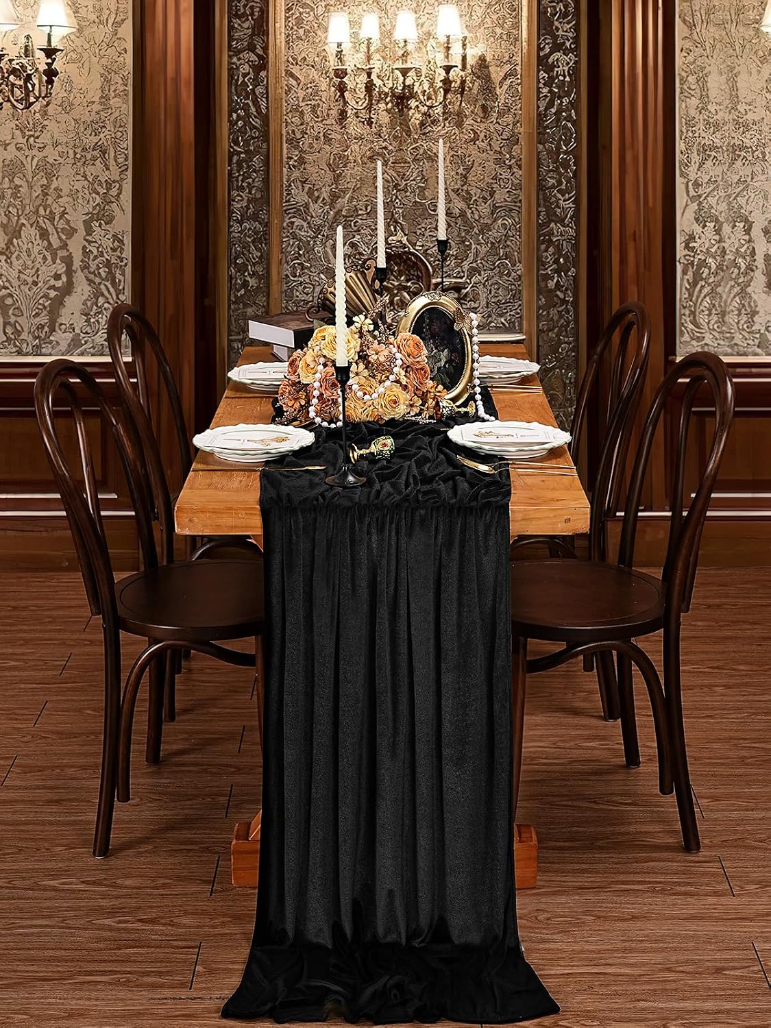20" x 120"  BLACK  - Luxurious Stretch Velvet Table Runner, 10ft Wedding Reception Decorations Soft Velvet Fabric, Table Linen & Wedding Runners