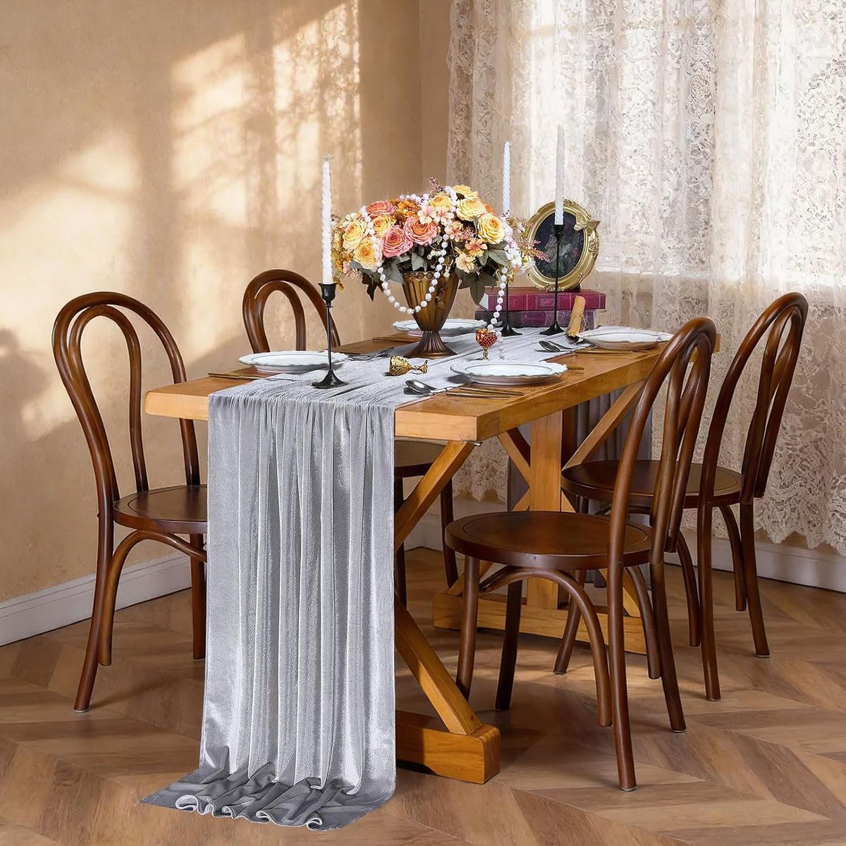 20" x 120"  SILVER - Luxurious Stretch Velvet Table Runner, 10ft Wedding Reception Decorations Soft Velvet Fabric, Table Linen & Wedding Runners