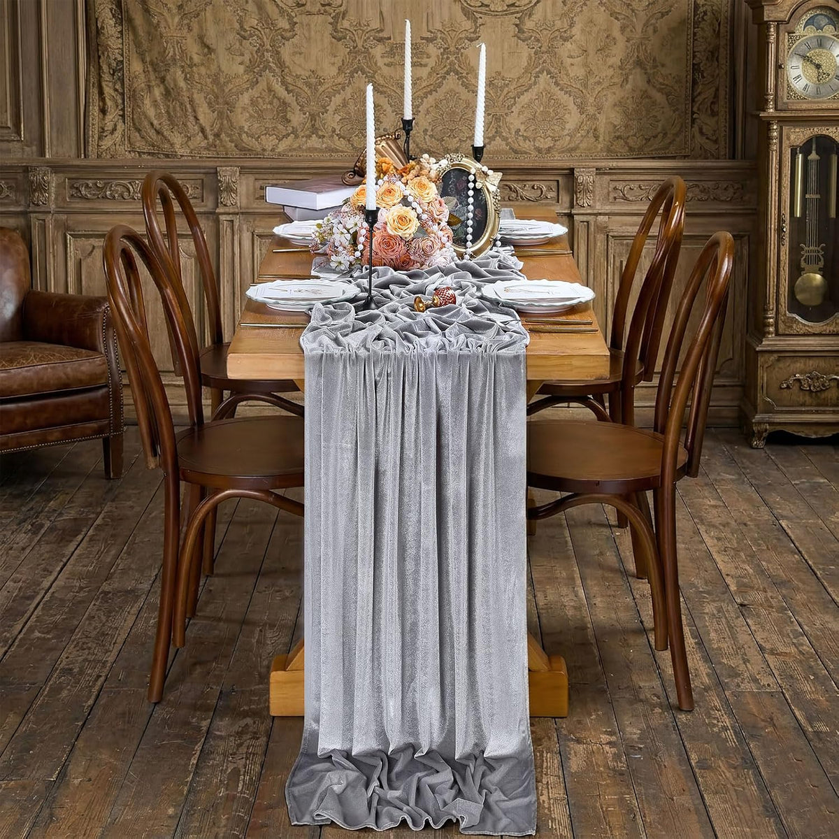 20" x 120"  SILVER - Luxurious Stretch Velvet Table Runner, 10ft Wedding Reception Decorations Soft Velvet Fabric, Table Linen & Wedding Runners