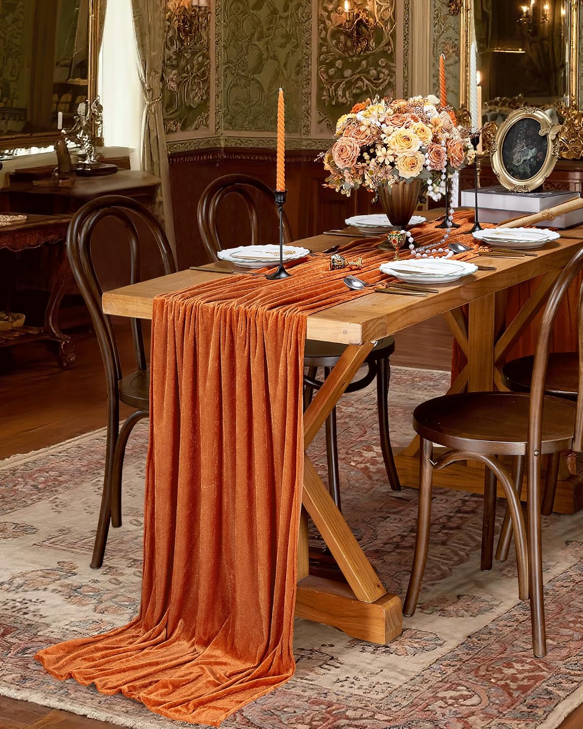 20" x 120"  ORANGE - Luxurious Stretch Velvet Table Runner, 10ft Wedding Reception Decorations Soft Velvet Fabric, Table Linen & Wedding Runners