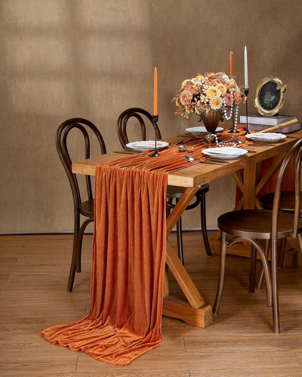 20" x 120"  ORANGE - Luxurious Stretch Velvet Table Runner, 10ft Wedding Reception Decorations Soft Velvet Fabric, Table Linen & Wedding Runners