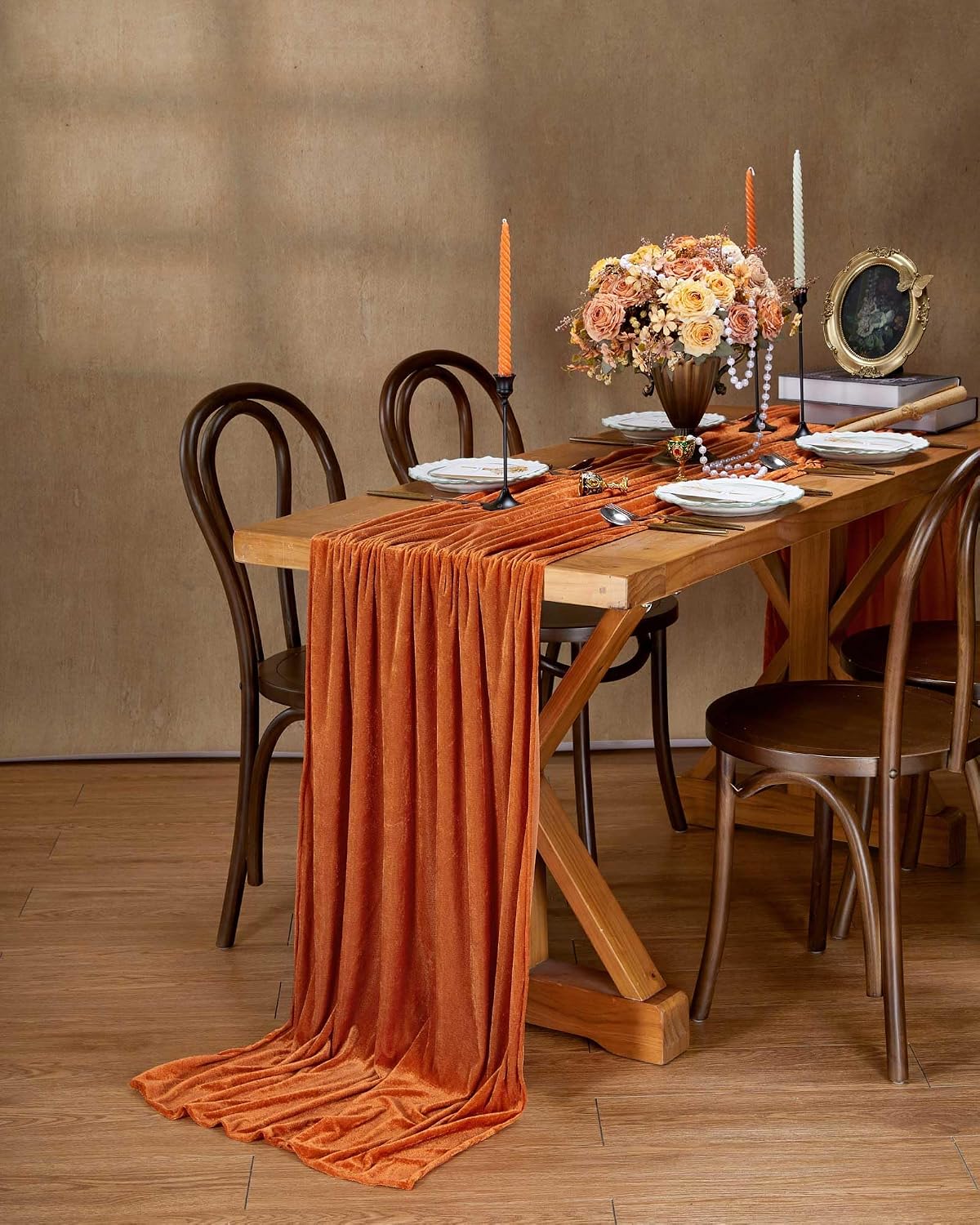 20" x 120"  ORANGE - Luxurious Stretch Velvet Table Runner, 10ft Wedding Reception Decorations Soft Velvet Fabric, Table Linen & Wedding Runners