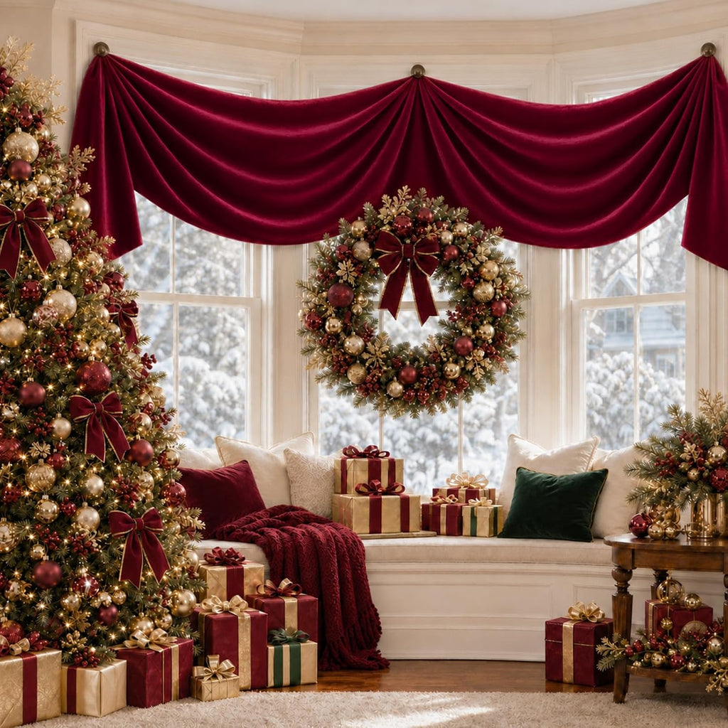 BURGUNDY - 2 Panels 28" x 10 Ft Luxury Velvet Christmas Decor Fireplace Mantel Drape Fabric for Ceremony Velvet Drapery Holiday Arch