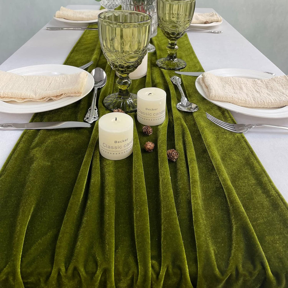 20" x 120"  OLIVE - Luxurious Stretch Velvet Table Runner, 10ft Wedding Reception Decorations Soft Velvet Fabric, Table Linen & Wedding Runners