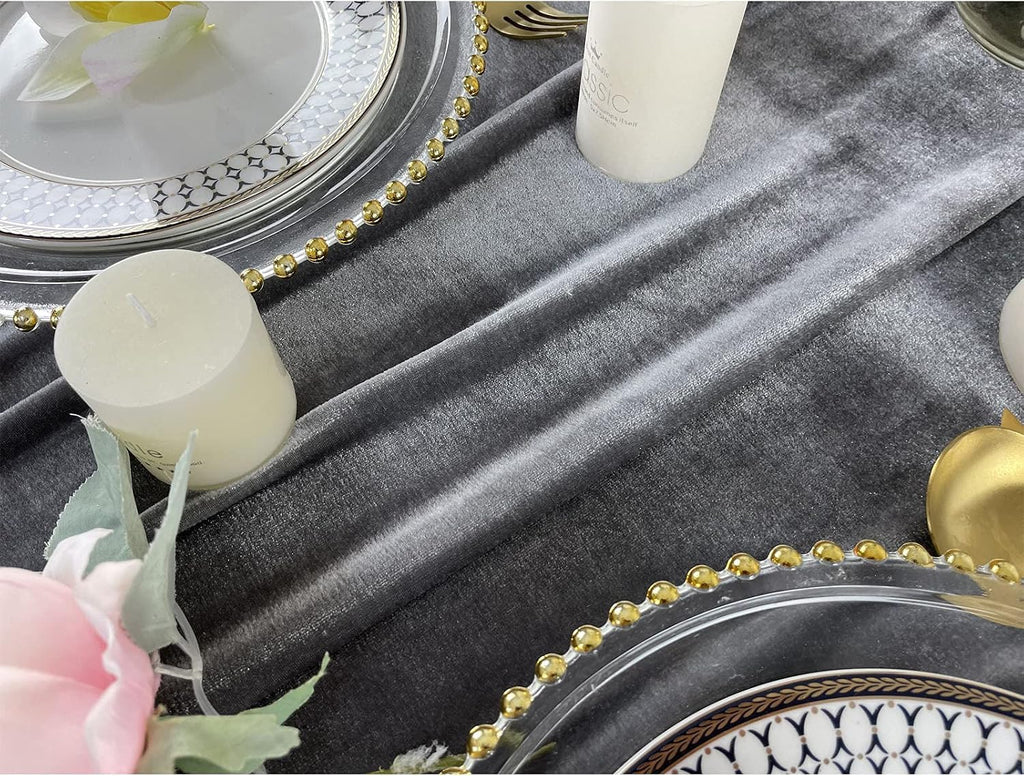 20" x 120"  GRAY - Luxurious Stretch Velvet Table Runner, 10ft Wedding Reception Decorations Soft Velvet Fabric, Table Linen & Wedding Runners