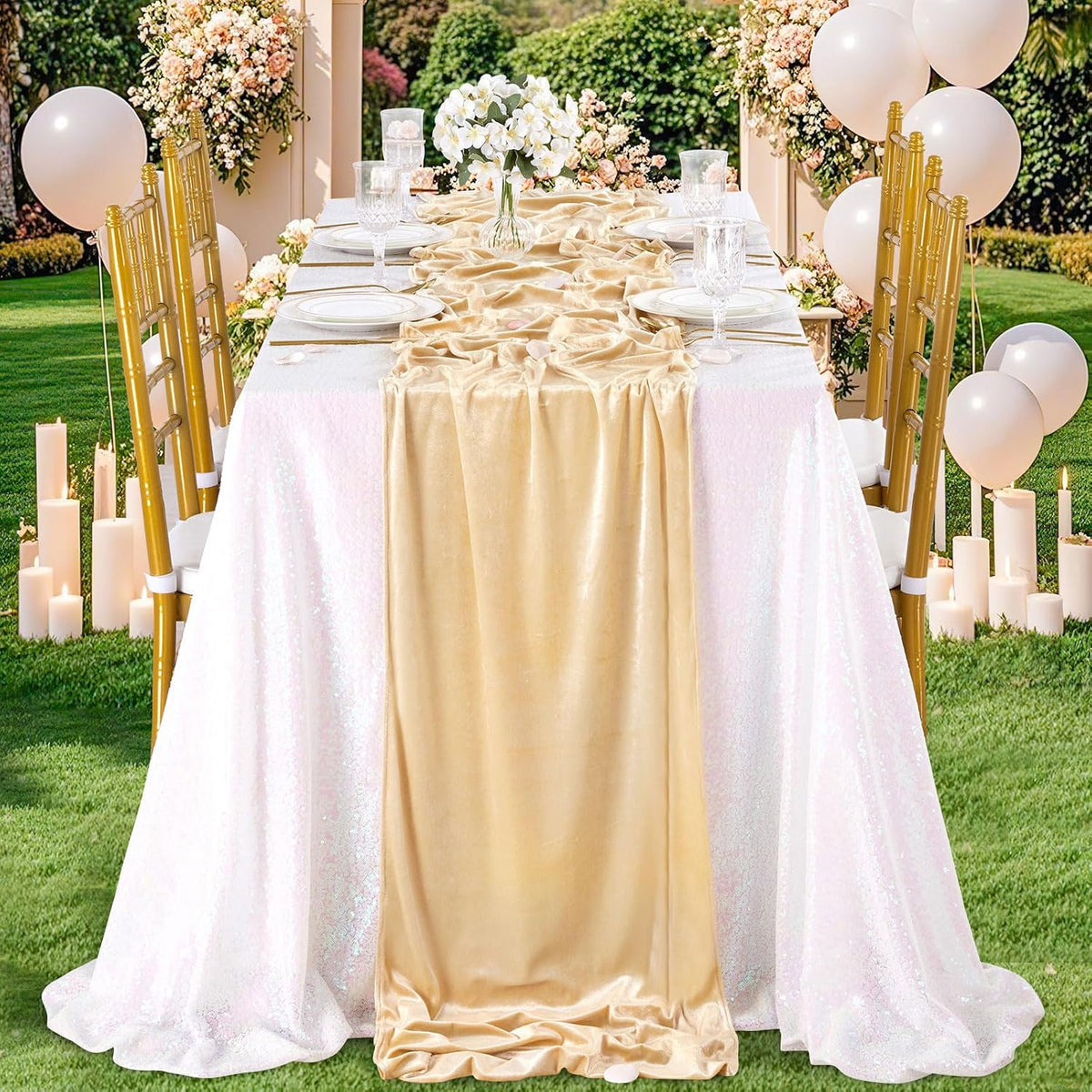 20" x 120"  CREAM - Luxurious Stretch Velvet Table Runner, 10ft Wedding Reception Decorations Soft Velvet Fabric, Table Linen & Wedding Runners