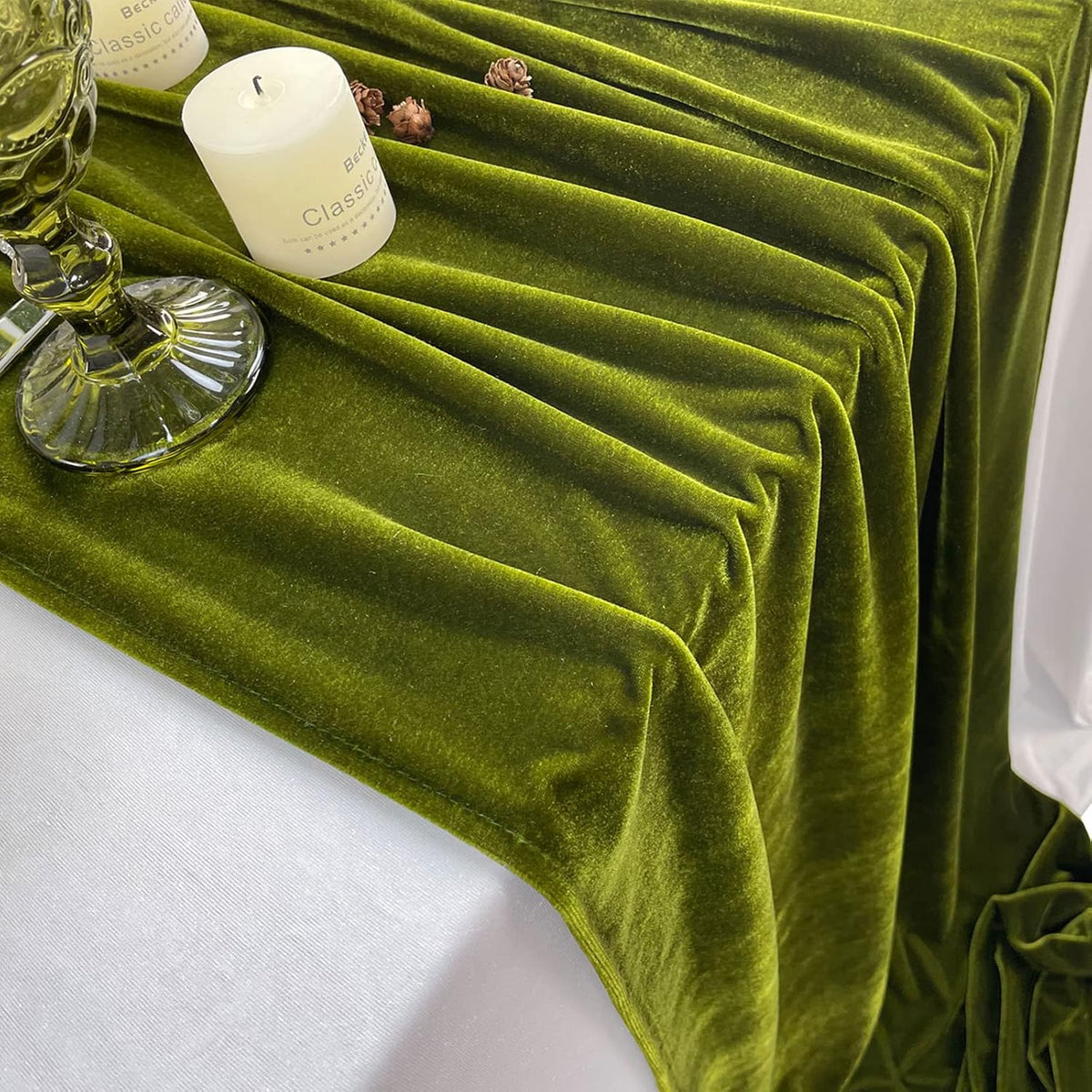 20" x 120"  OLIVE - Luxurious Stretch Velvet Table Runner, 10ft Wedding Reception Decorations Soft Velvet Fabric, Table Linen & Wedding Runners