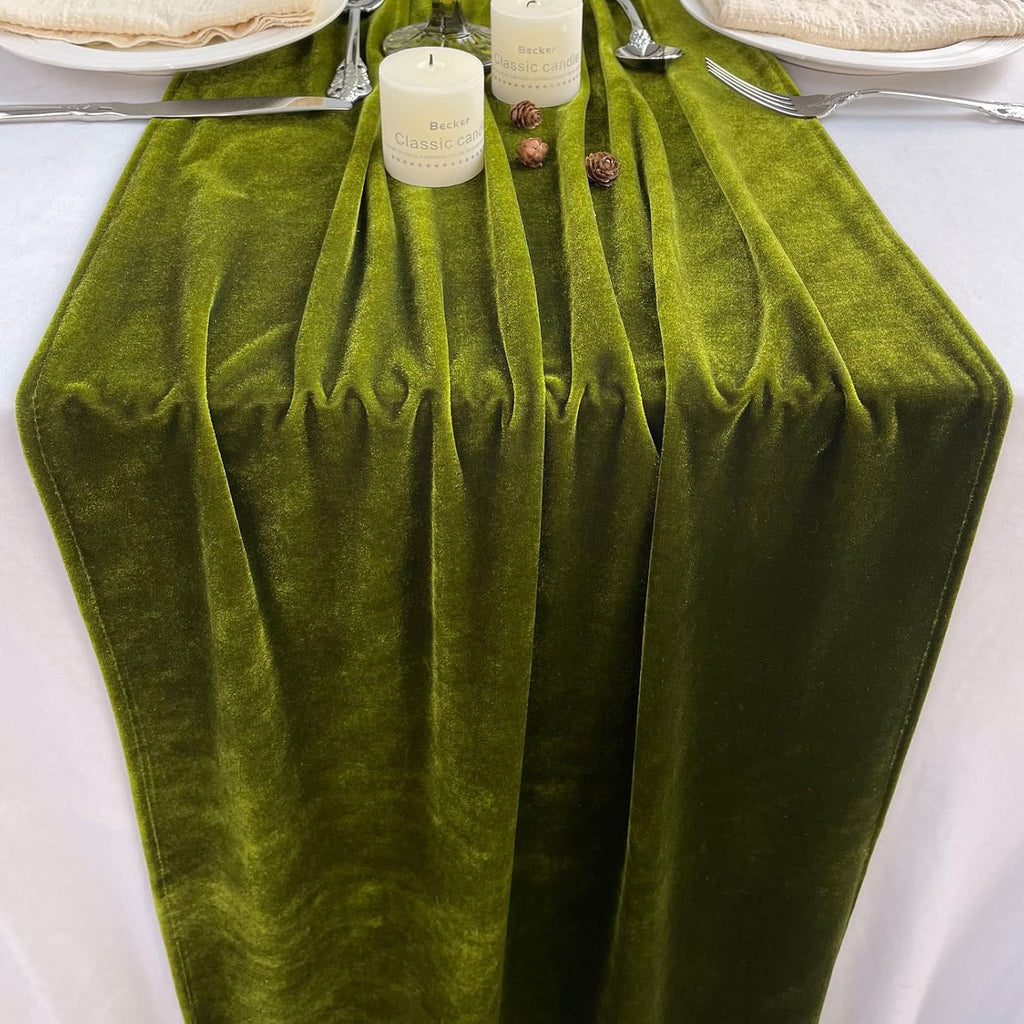 20" x 120"  OLIVE - Luxurious Stretch Velvet Table Runner, 10ft Wedding Reception Decorations Soft Velvet Fabric, Table Linen & Wedding Runners